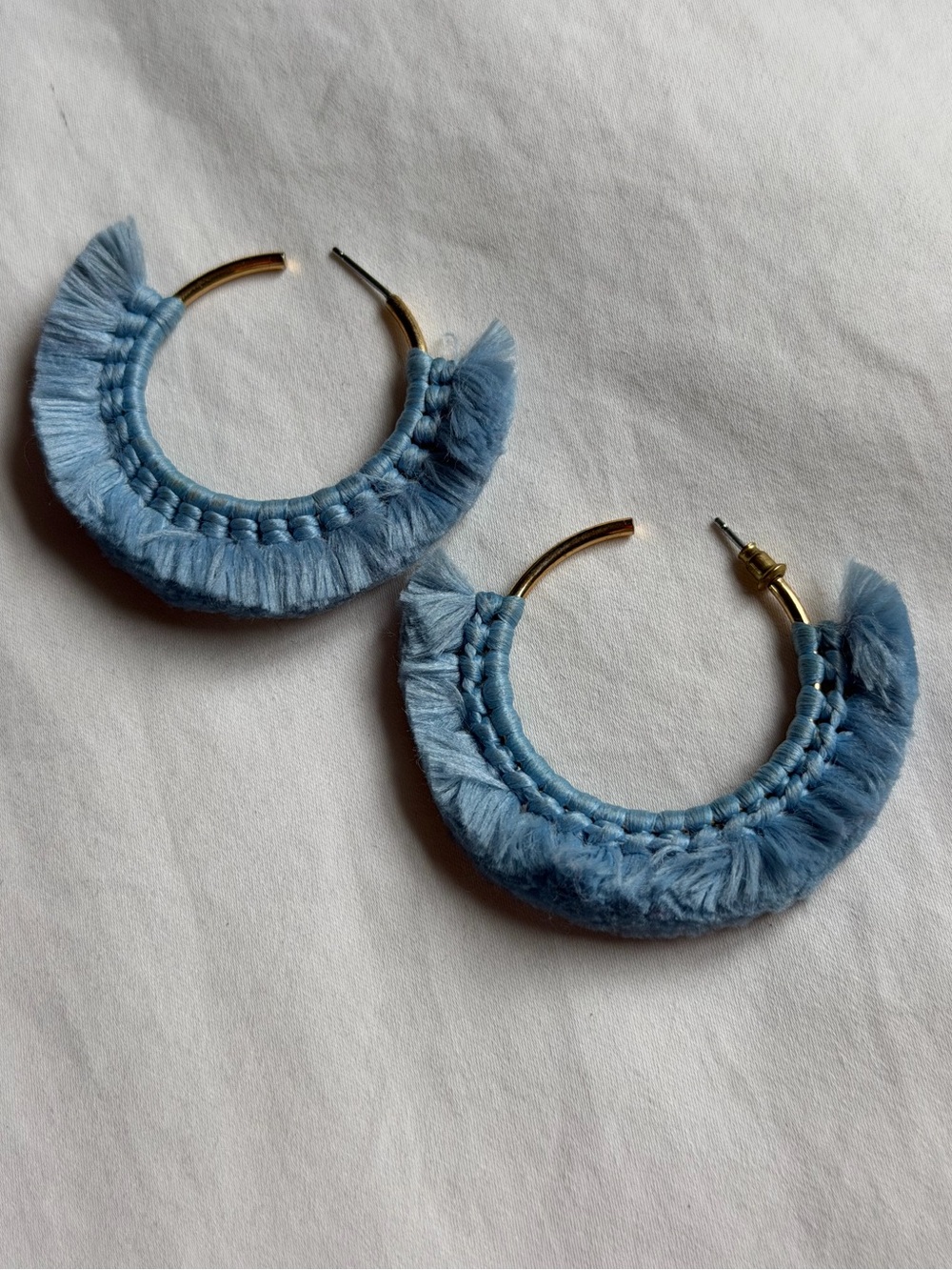 Blue Macrame Fringe Hoop Earrings